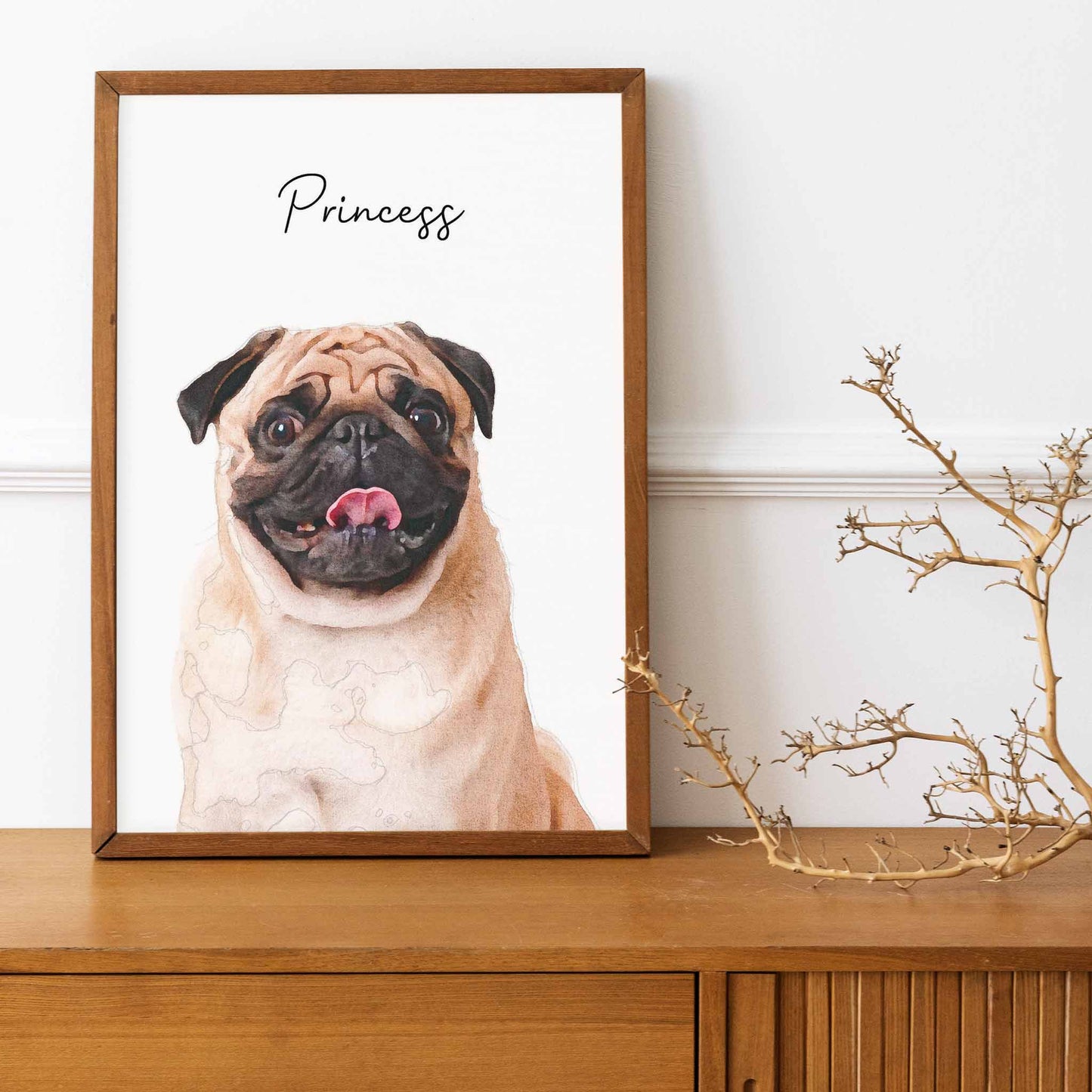 A wooden frame of a custom dog portrait decorated in a living room