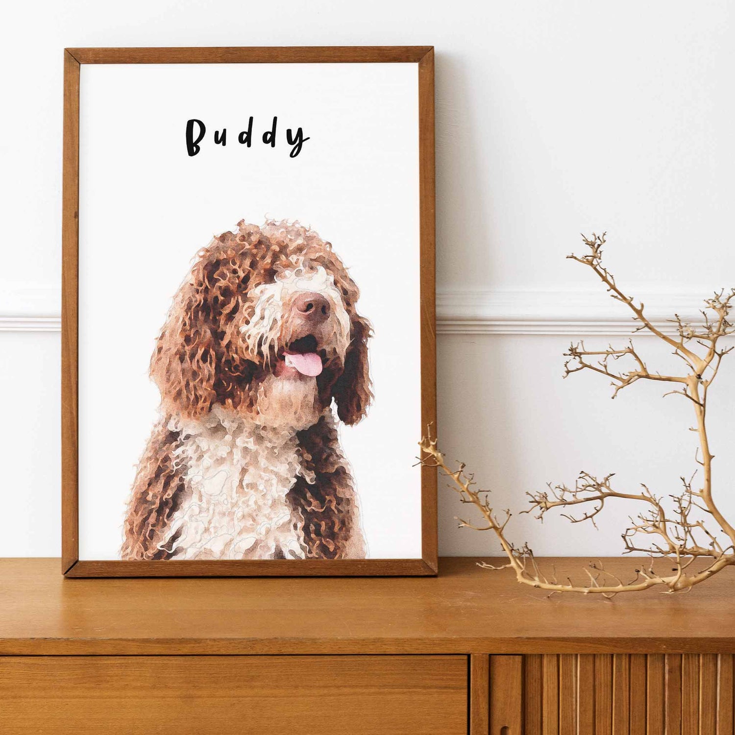 A wooden frame of a custom dog portrait decorated in a living room