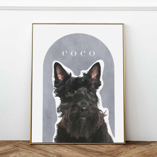 A gold frame of a custom dog portrait decorated in a living room