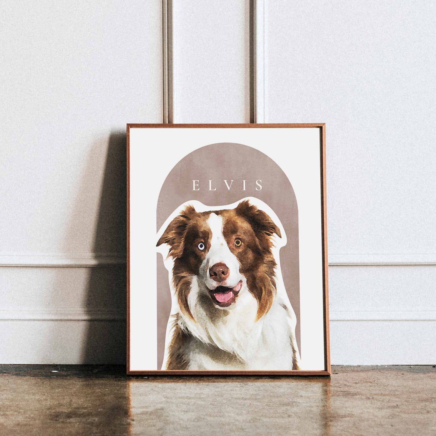 A wooden frame of a custom dog portrait decorated in a living room