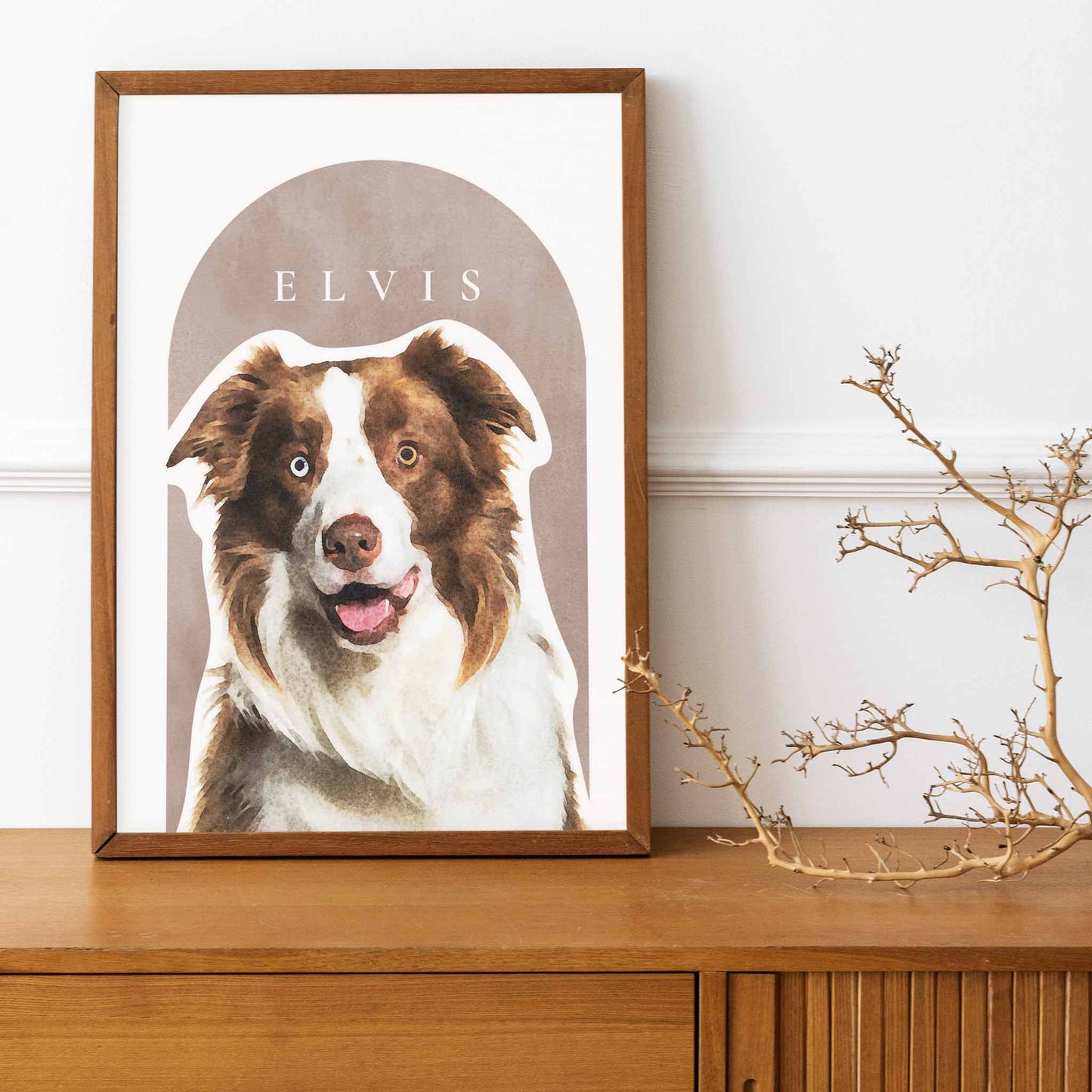 A wooden frame of a custom dog portrait decorated in a living room