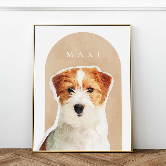 A wooden frame of a custom dog portrait decorated in a living room