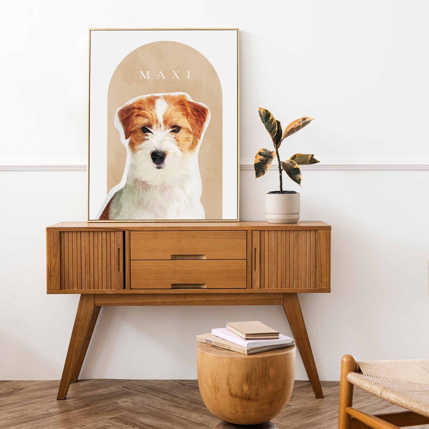 A wooden frame of a custom dog portrait decorated in a living room