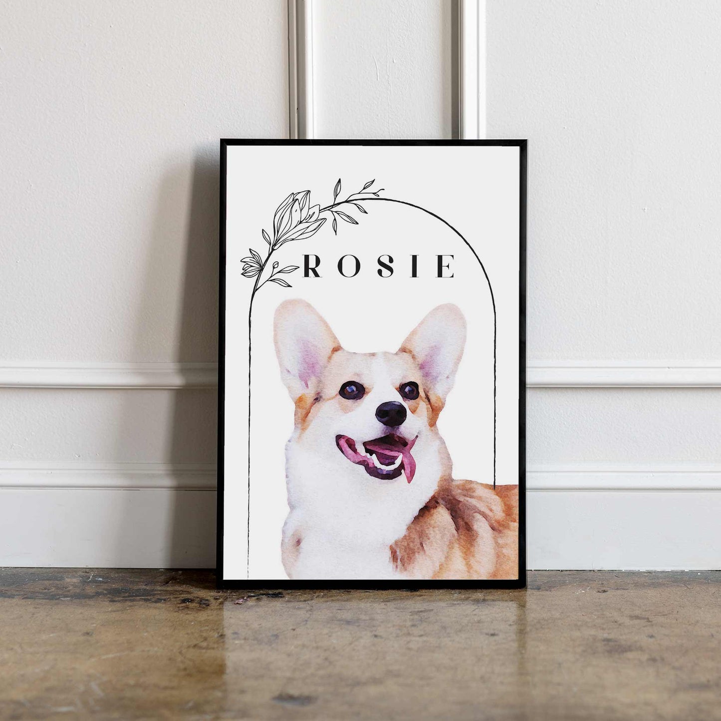 A black frame of a custom dog portrait decorated in a living room