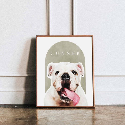 A wooden frame of a custom dog portrait decorated in a living room