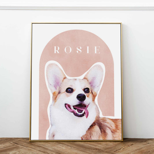 A golden frame of a custom dog portrait decorated in a living room