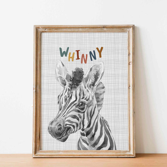 An oak picture frame of a cute watercolour baby zebra