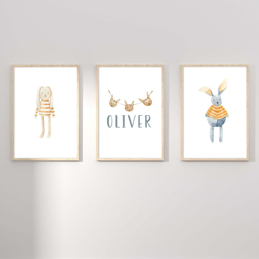 A set of 3 framed oak frames displaying a Scandinavian bunny and boys name print