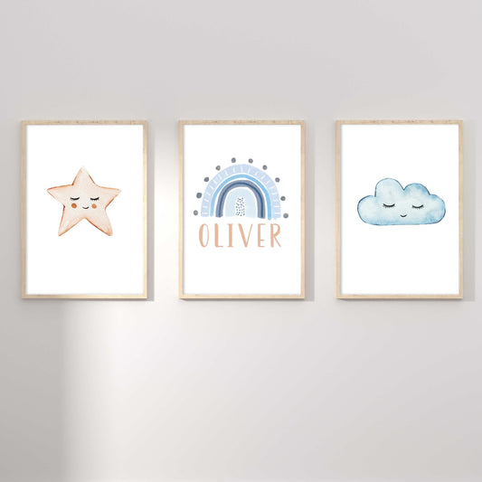 A set of 3 framed oak frames displaying a star, rainbow and cloud boy's name print