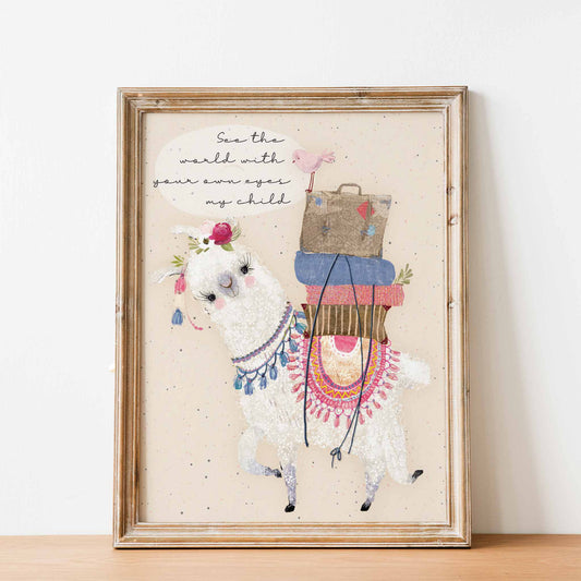 An oak frame of a cute whimsical llama with inspirational quote