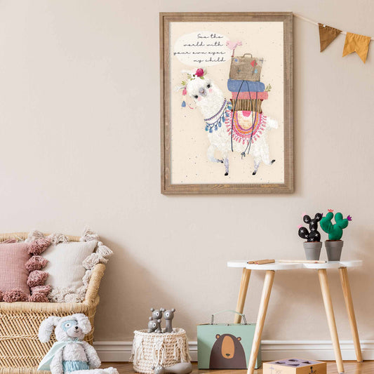 An oak frame of a cute whimsical llama with inspirational quote decorated in a kids room