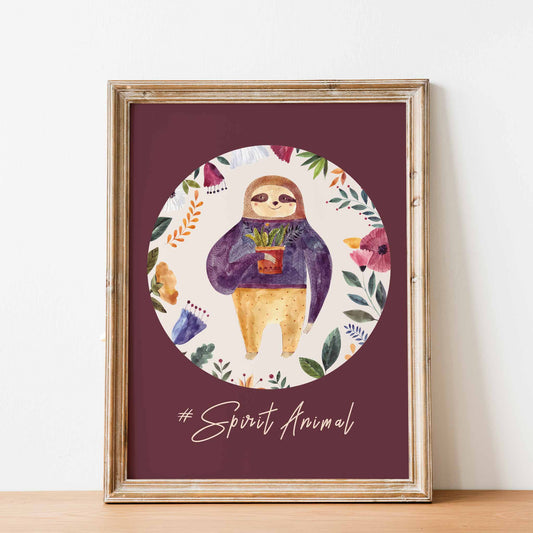 A oak frame picture of a cute sloth floral aspirational kids print