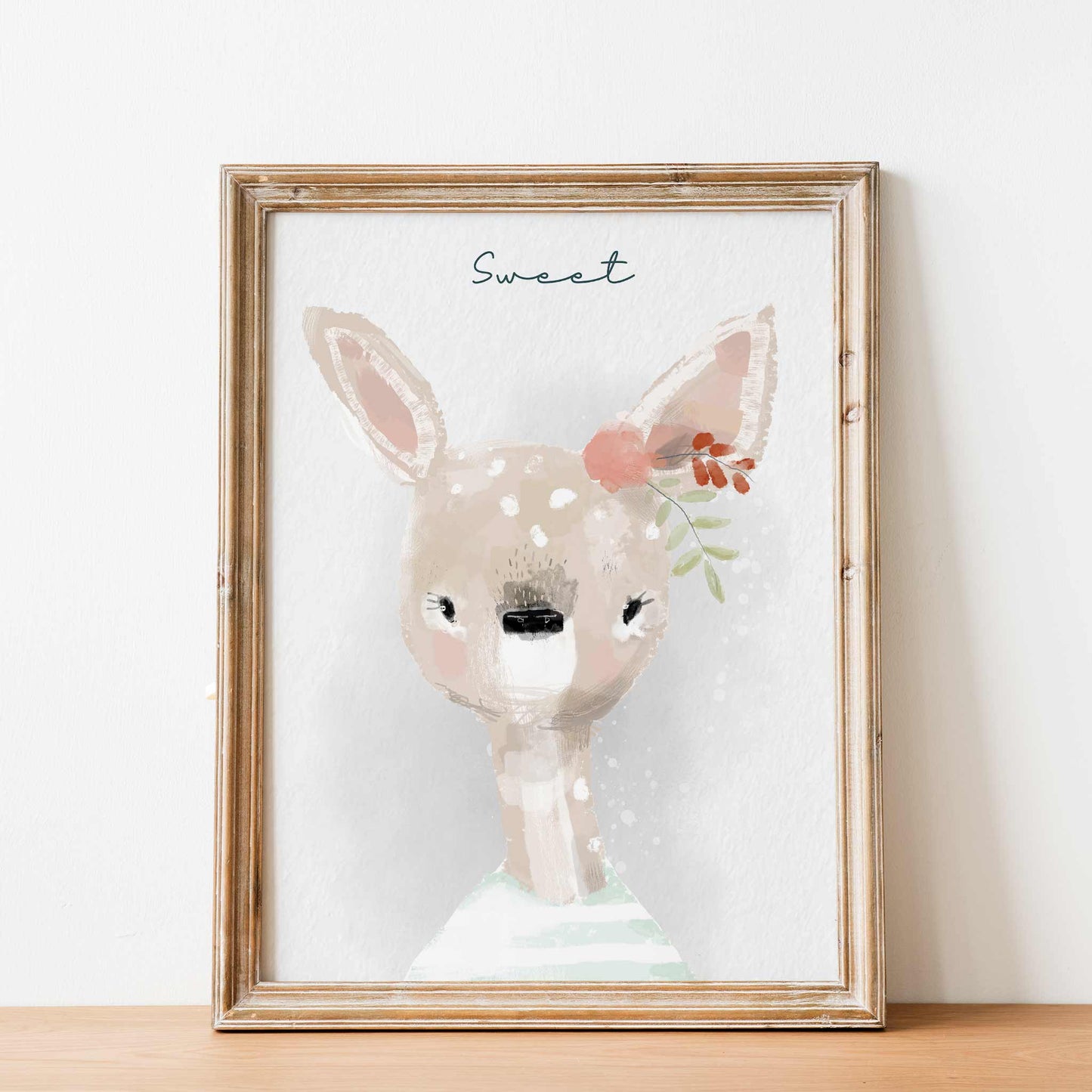 An oak frame of a cute whimsical deer with inspirational quote