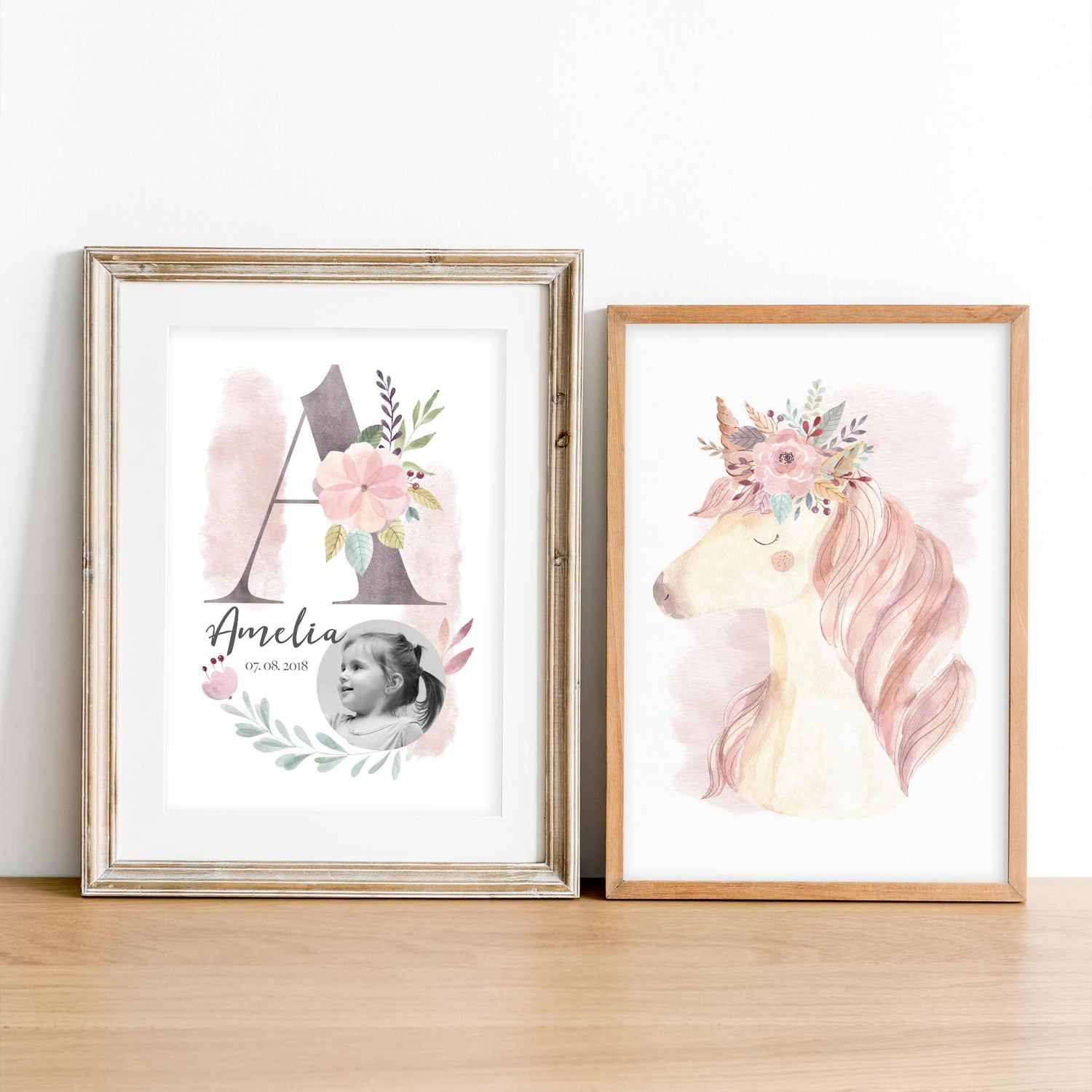 A set of 2 oak picture frames of floral unicorn monogram personalised nursery birth print