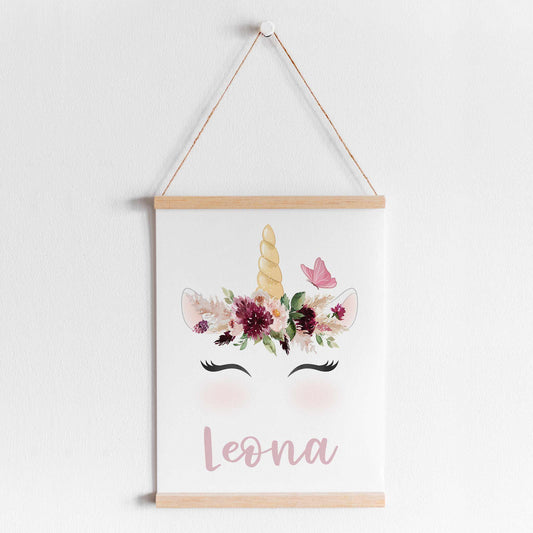 Unicorn Crown Personalised Name Print, Floral Burgundy