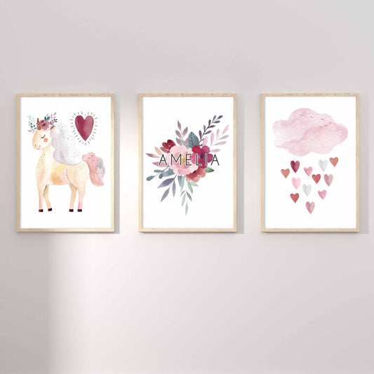 A set of 3 oak picture frames of unicorn rain of hearts floral nursery personalised nursery name print