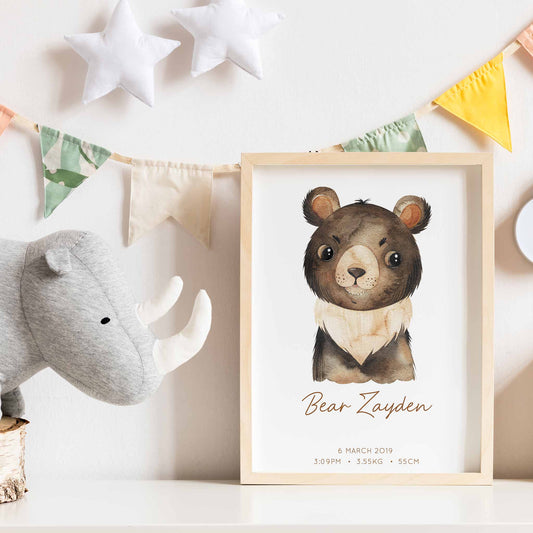 Framed picture of a watercolour bear kids personalised birth print in a child's nursery