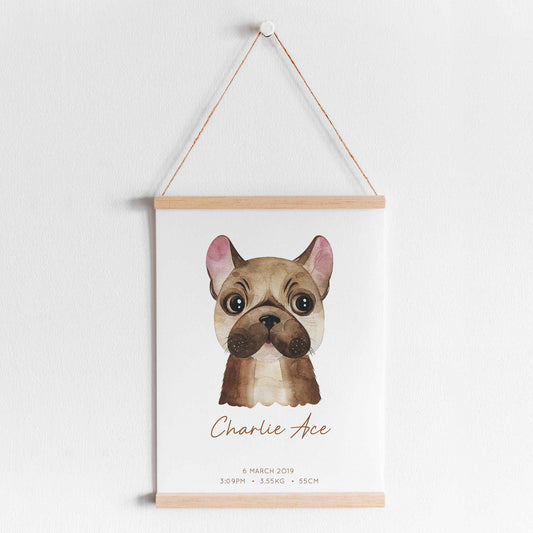 A hanging frame of a watercolour dog kids personalised birth print