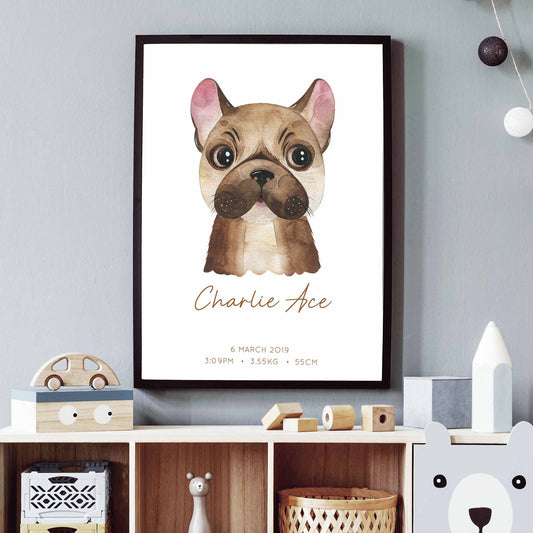 Framed picture of a watercolour dog kids personalised birth print in a child's nursery