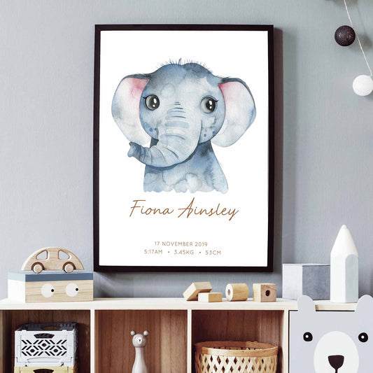 Framed picture of a watercolour elephant kids personalised birth print in a child's nursery