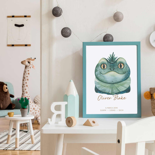 Framed picture of a watercolour iguana kids personalised birth print in a child's nursery