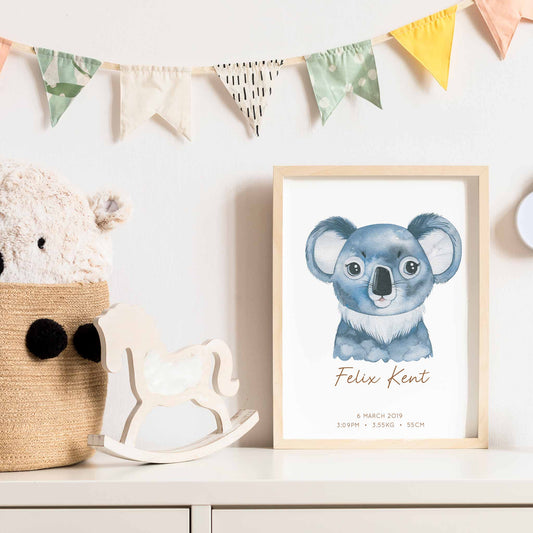 Framed picture of a watercolour koala kids personalised birth print in a child's nursery
