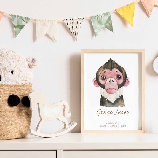 Framed picture of a watercolour monkey kids personalised birth print in a child's nursery