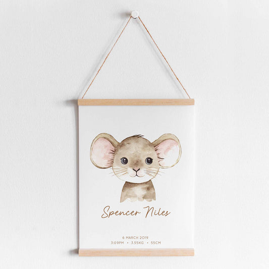 A hanging frame of a watercolour mouse kids personalised birth print