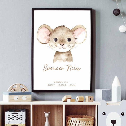 Framed picture of a watercolour mouse kids personalised birth print in a child's nursery