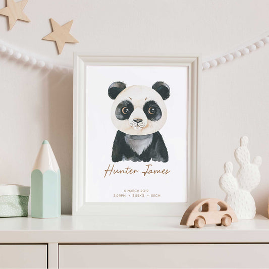 Framed picture of a watercolour panda kids personalised birth print in a child's nursery