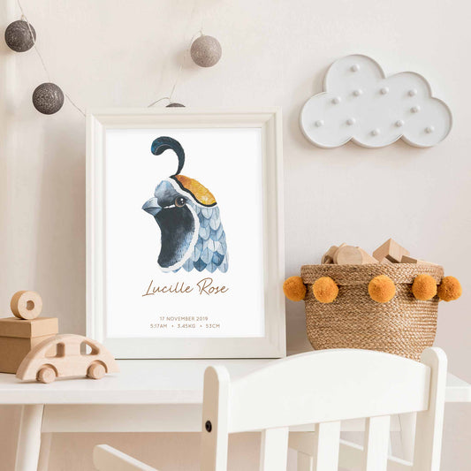 Framed picture of a watercolour bird kids personalised birth print in a child's nursery