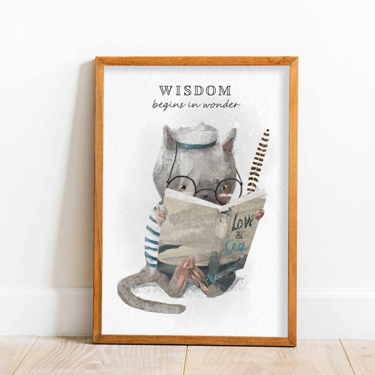 An oak frame of a cute whimsical cat with inspirational quote