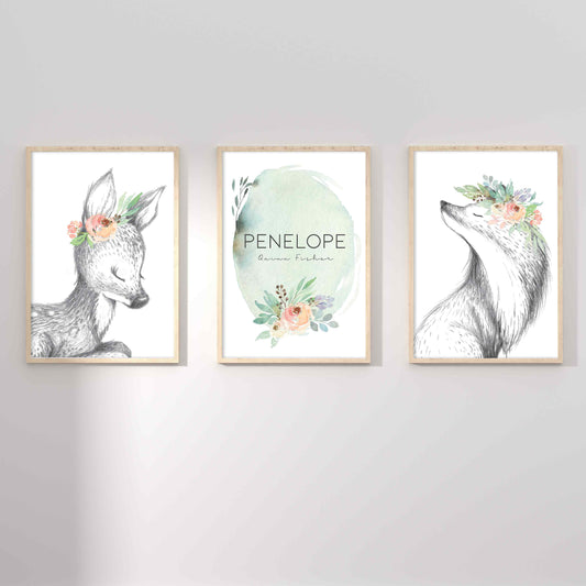 A set of 3 framed images of woodland deer and fox sketch floral nursery personalised birth print