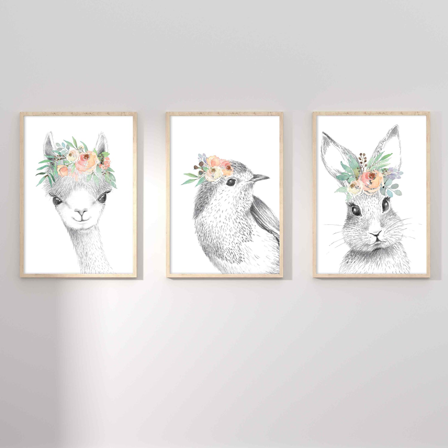 A set of 3 framed images of woodland llama, bird and bunny rabbit sketch floral nursery kids print