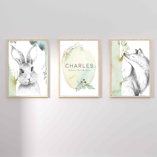 A set of 3 framed images of woodland bunny rabbit and fox sketch foliage nursery personalised birth print