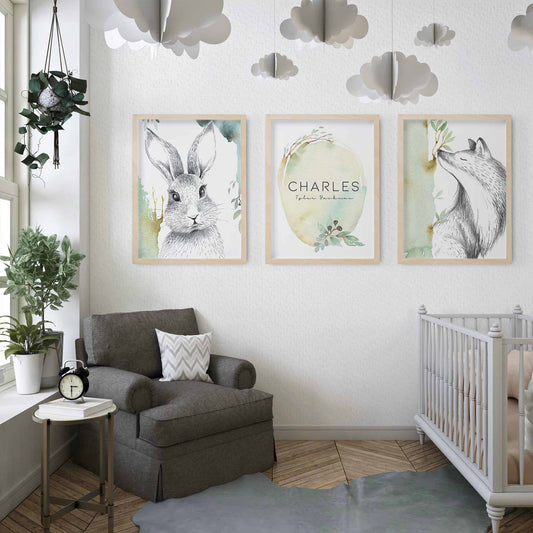 A set of 3 framed images of woodland bunny rabbit and fox sketch foliage nursery personalised birth print decorated in a nursery