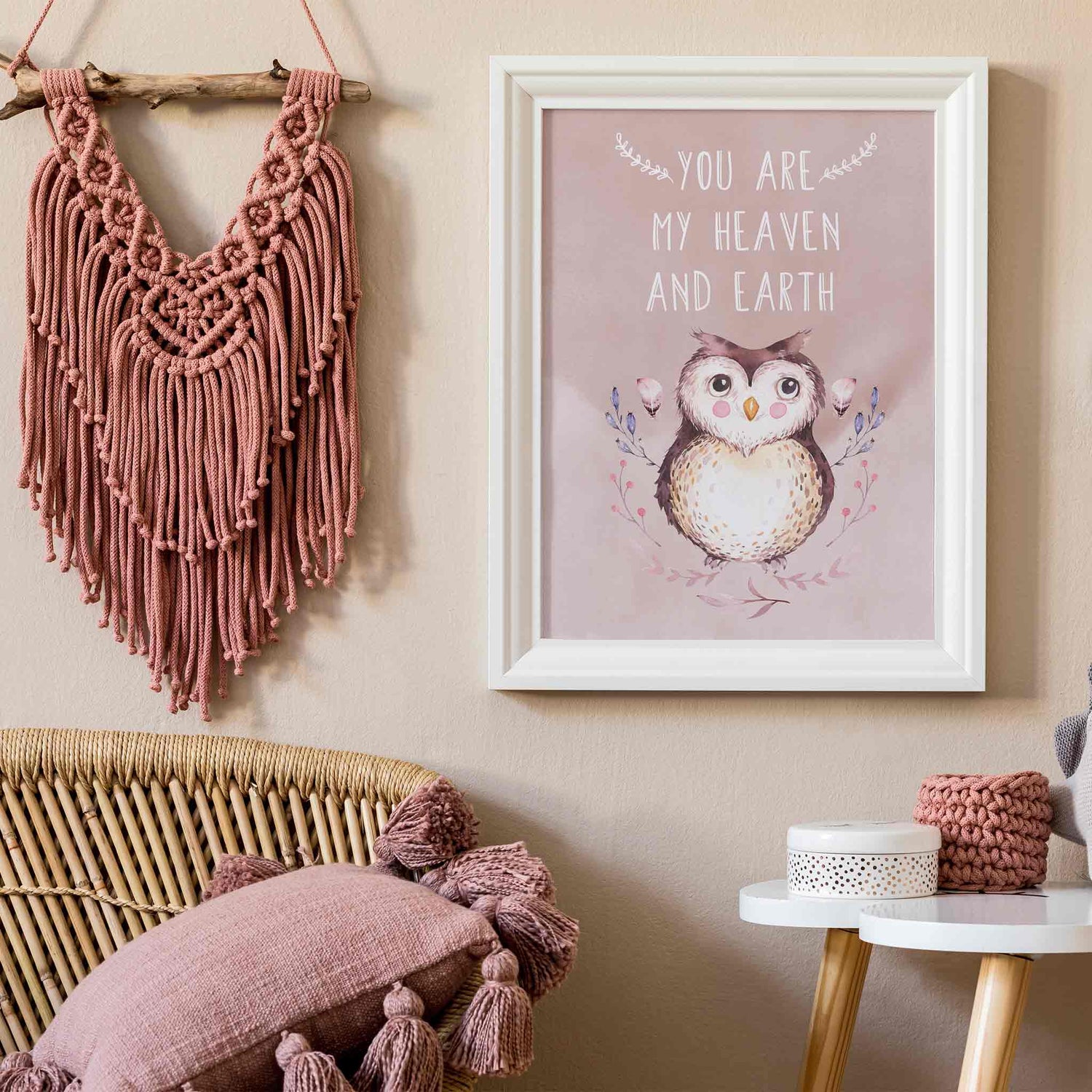 An white frame of a cute woodland owl with inspirational quote decorated in a living room